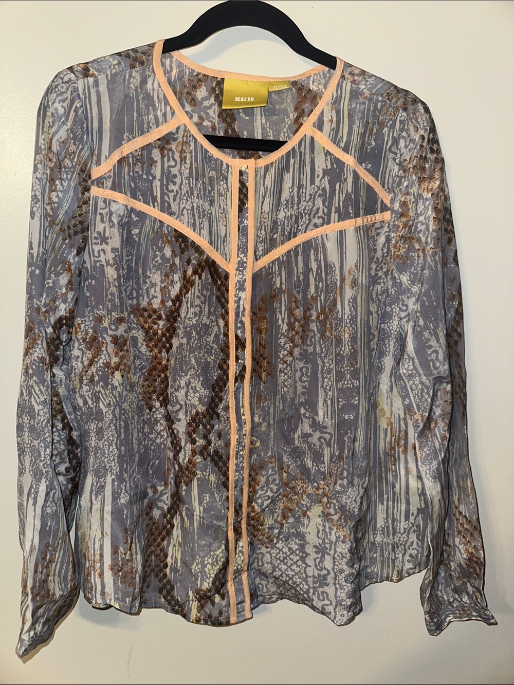 Maeve Anthropologie 100% Silk Printed Blouse Gray Peach